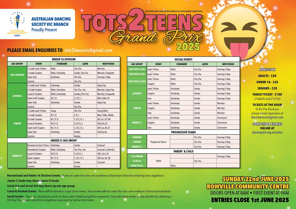 Syllabus for 2025 ADS Vic Tots 2 Teens Grand Prix