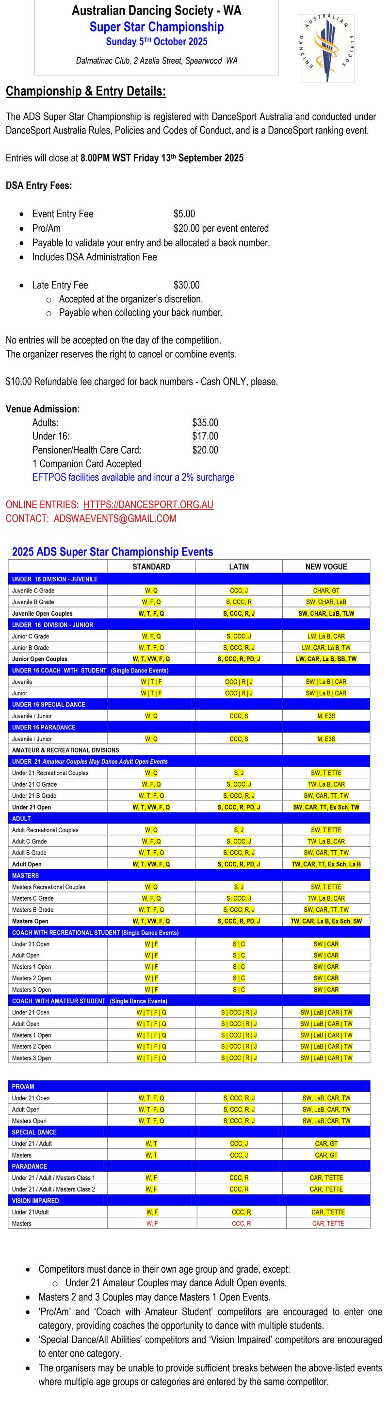 Syllabus for 2025 ADS WA Super Star Championship