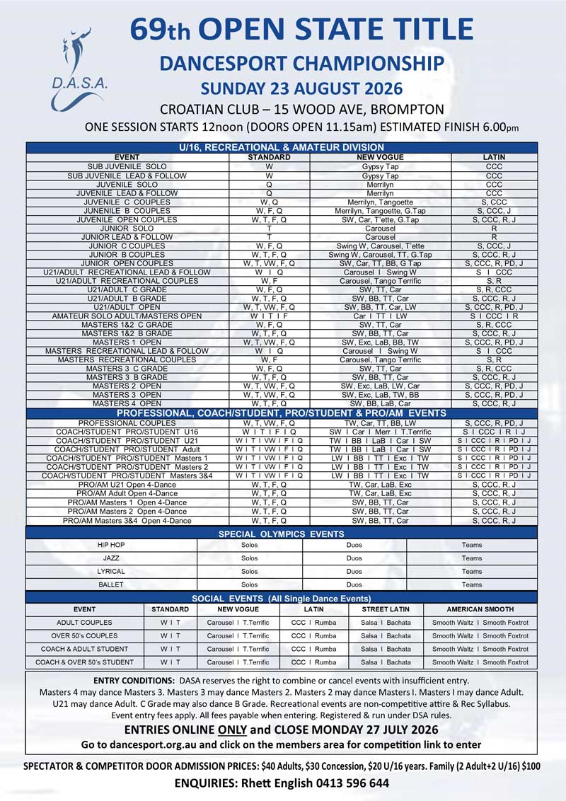 Syllabus for 2026 DASA OPEN State Title DanceSport Championship